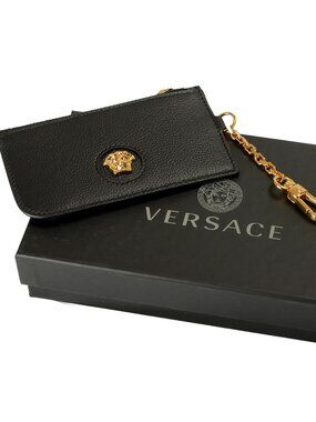 Versace Black 100% Textured Leather Gold Medusa Head Card Case Keychain